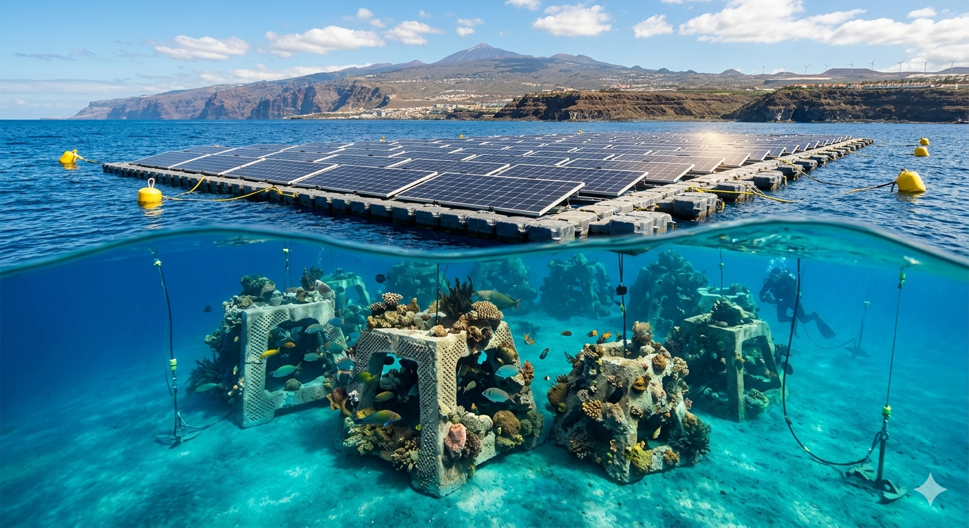 Aquavoltaics — paneles solares flotantes marinos con ecosistema submarino de repoblación · FV Playa Quemada · Lanzarote